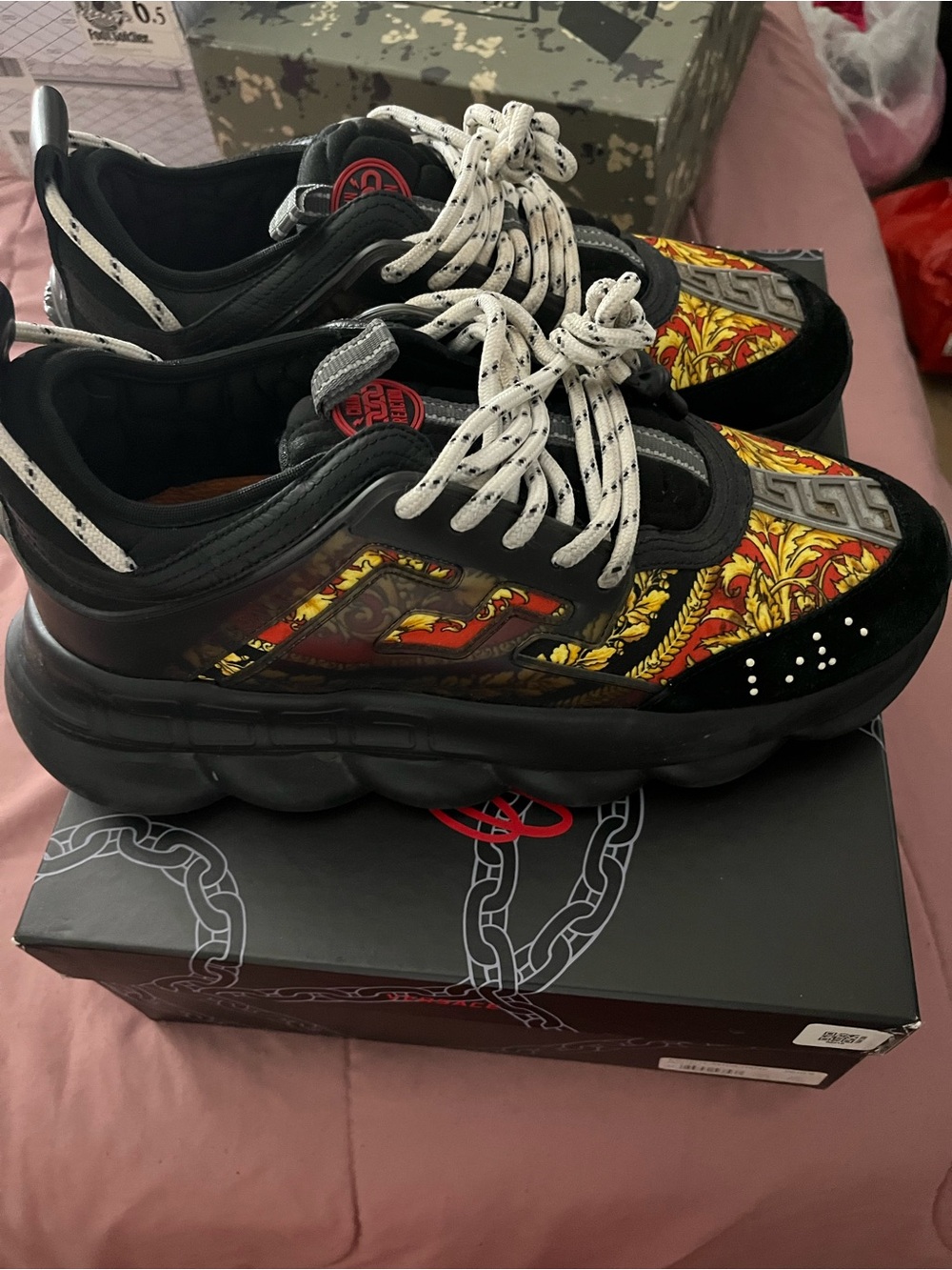 Versace Black, Red & Gold Baroque-Patterned Men's Sneakers